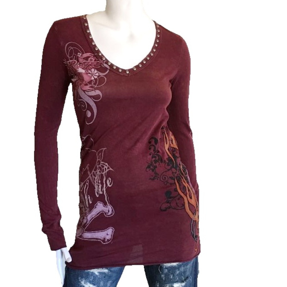 NWT! Bejeweled by Susan Fixel Plum Long Sleeve T